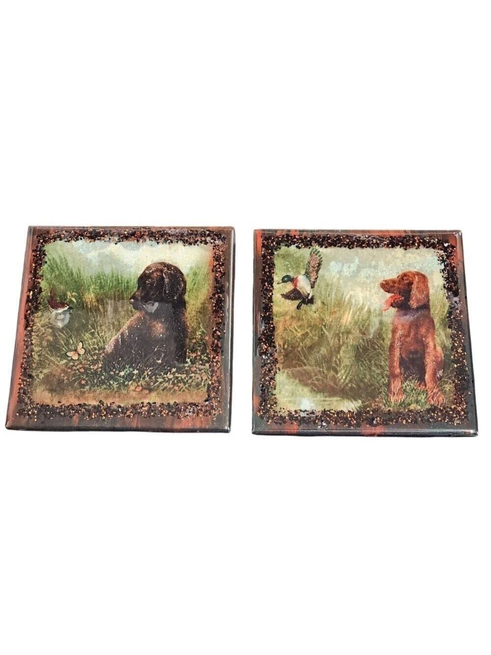 Dog Bird Ceramic Resin Glass Coaster Tiles Set Of 2